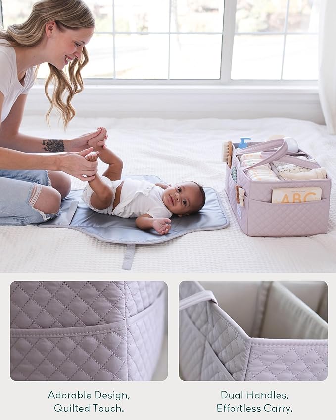 Lily Miles Baby Diaper Caddy Organizer, Quilted Nursery Storage Organizer for Newborn Essentials and Diaper Changing Station, Gift for Baby Shower and Registry Must-Have (Rosy Lilac)