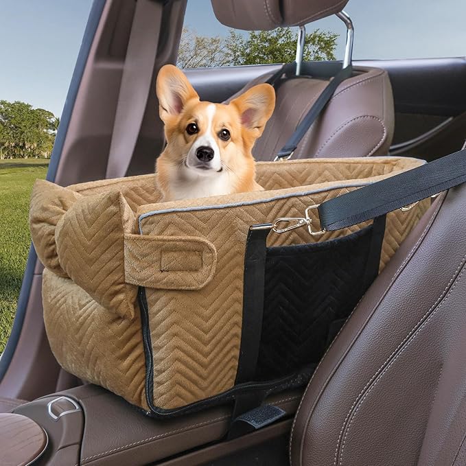 Prpeko Small Dog Car Seat, Portable Dog Seat with Soft Washable Cushion,Center Console Dog Car Seat for Small Dogs Up to 13lbs(Brown)