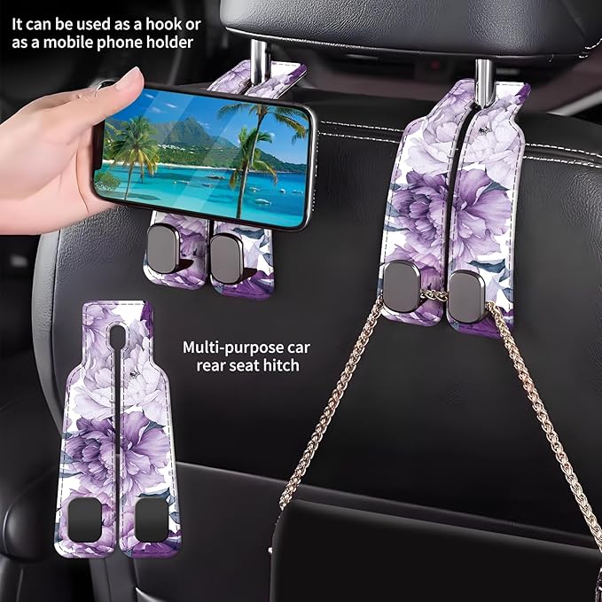 Car Seat Back Storage Headrest Hook, Premium Leather Double Metal Hook, Hanger Storage Organizer for Purse Cloth Bag, Car Interior Accessories Purple Cute Flowers