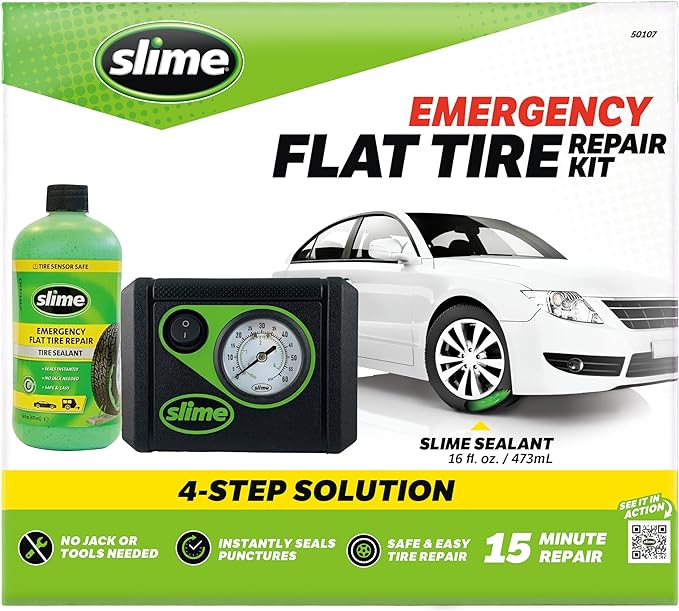 Slime 50107 Flat Tire Puncture Repair, Smart Spair, Emergency Kit For Car Tires, Includes Sealant And Tire Inflator Pump, Suitable For Cars And Other Highway Vehicles, 15 Min Fix