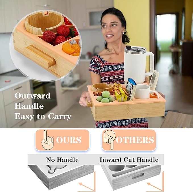 Nnewvante Snack Cup Couch Caddy, 8 in 1 Divided Serving Tray with Handle for Sofa Bed RV Car Organizer Caddy Movie Night Snack Trays, Bamboo and BPA Free Silicone, Peach