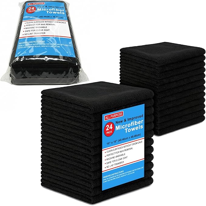Blue Horizon Black Microfiber Cleaning Towels, 24-Pack Dual-Sided Ultra Soft Plush Washcloth, All Purpose Premium Microfiber Detailing Cleaning Cloths Shop Towels (16" x 16", Black)