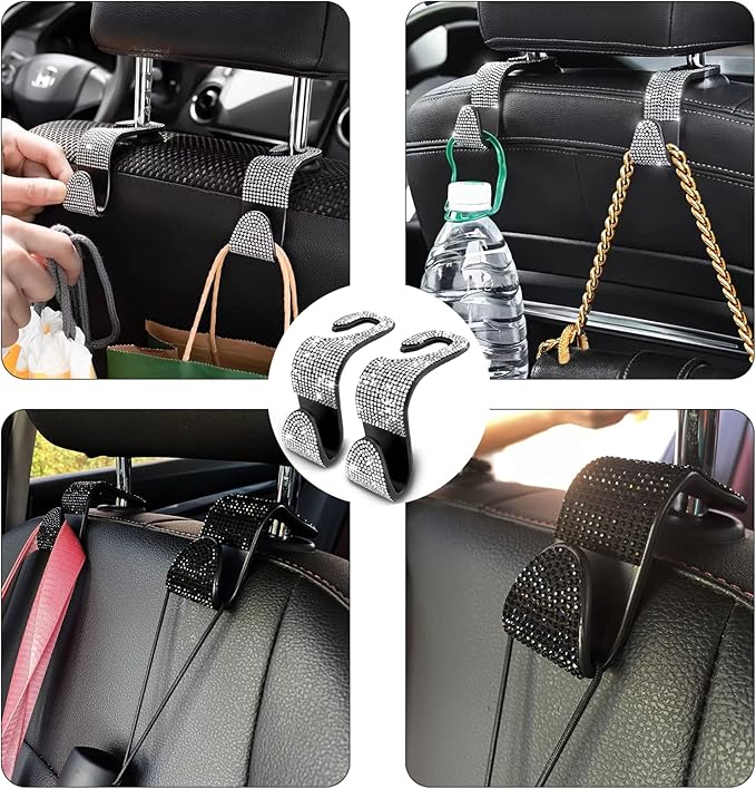 OSIFIT 2PCS Car Seat Hooks, Bling Rhinestone Headrest Hooks, Universal Bling Car Interior Accessories, for Handbag, Clothes, Purse, Water Bottle (White)