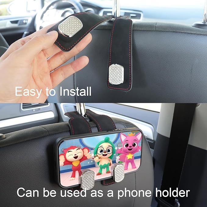 Car Seat Hooks for Headrest, Purse Hook & Back Storage Hook, Zinc Alloy & Suede Material Heavy Duty Car Hooks for Purses and Bags,Universal Fit for Most Vehicles (Black Bling Diamond-2 Pack)