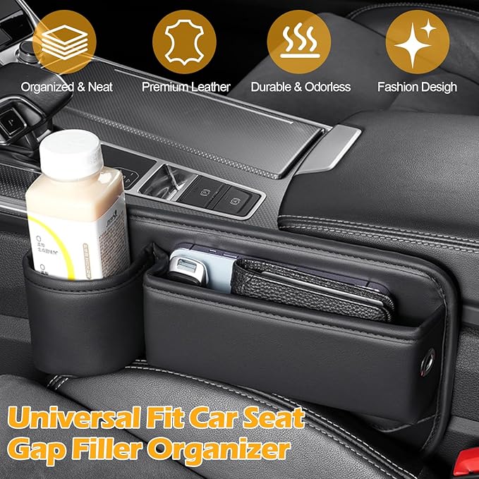 Tefola 2 Packs Car Seat Gap Filler, Leather Car Seat Gap Organizer, Car Storage Box for Holding Phone, Sunglasses, Keys, Car Accessories fit Auto SUV Truck fit for Driver/Passenger Seat (Black)