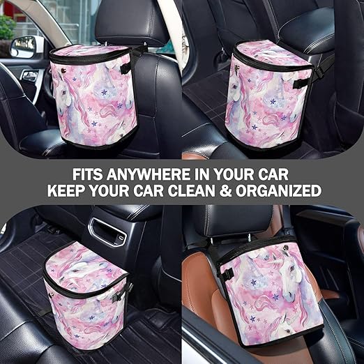 Car Trash Can Watercolor Unicorns Star Car Garbage Bag with Lid Hanging Waterproof Leak Proof Vehicle Storage Bin
