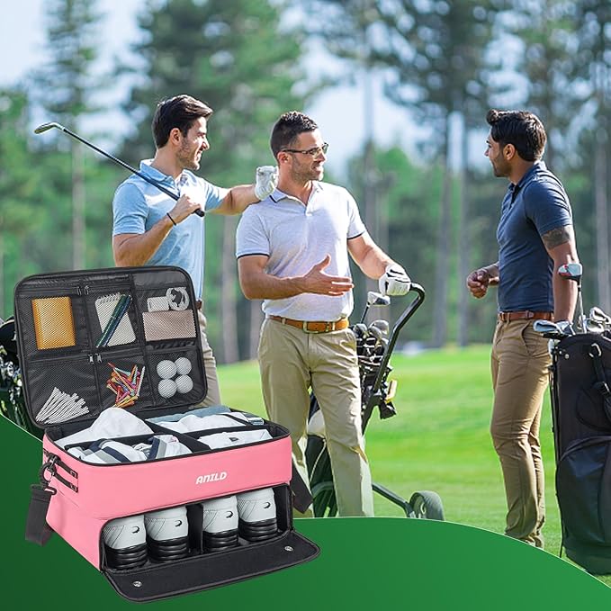 ANILD Golf Trunk Organizer, 2 Layer Golf Storage Case with Separate Ventilated Compartment for 2 Pair Shoes, for Balls, Tees, Clothes, Gloves, Accessories, Golfer Gifts