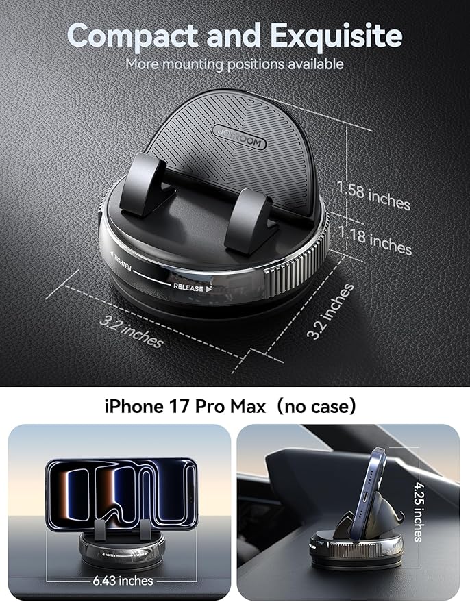 JOYROOM Car Phone Holder Mount, [360° Rotation+Thick Case Friendly] Cell Phone Car Mount with Adjustable Spring Clip, Universal Dashboard Phone Holder Anti-Slip Silicone for iPhone (Black)