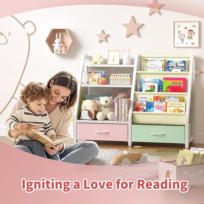 Kids Bookshelf and Toy Storage, Sturdy 3 Tier Kids Bookcase, Sling Bookshelf and 2 Toy Boxes, Toddler Montessori Bookshelf with Toy Organizer, for Kids Room, Game Room, Nursery