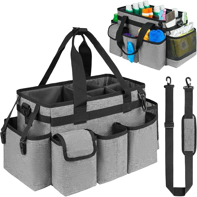 Cleaning Caddy,Cleaning Bag for Housekeepers,Cleaning Supplies Organizer with Handle,Gray