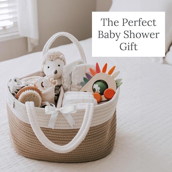 Natemia Rope Diaper Caddy Organizer – Nursery Storage Basket with 3 Compartments for Breast Pump Storage, Diapers, Wipes & Toys – Portable Tote and Gift Bag for Registry and Newborn Essentials