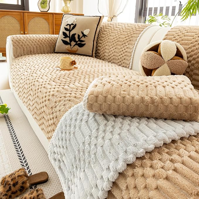 Plush Warm Sofa Covers Washable, Funny Fuzzy Couch Cover for Dogs Washable, Non-slip Couch Covers for Sectional Sofas, Soft Sofa Slipcover for Pet & Kid(1PC, Light Brown, 36"×94", Single Seater)
