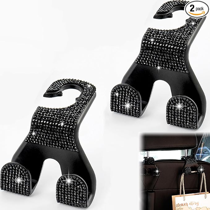 MTGOCHA Bling Car Purse Hooks 2Pcs, Durable Car Headrest Hook, Holds 44Lbs, Double-Hooks, Wide-Opening, Rhinestone Automobile Purse Hangers Holder, Bling Car Accessories for Women, Black