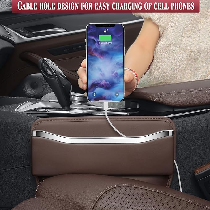 Car Seat Gap Filler - Premium Leather Car Organizer with Extra Storage - Organize and Secure Your Car Essentials - Fits Most Cars, SUV, Truck - 2 Pack - Brown
