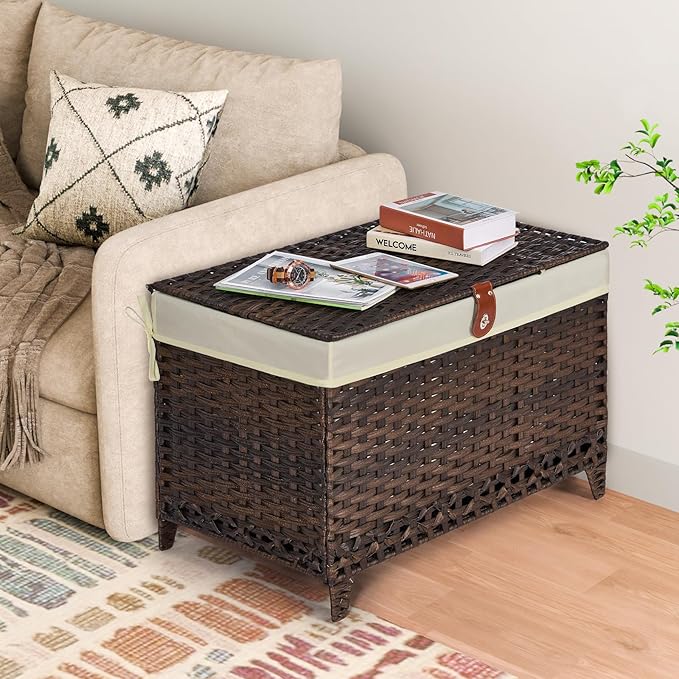 Honjourai Wicker Storage Basket with Lid,Rattan Shelf Basket with Removable Liner Bag,200L Storage Bin,Storage Trunk with Heightened Feet,Storage Container for Wardrobe,Home Organizer