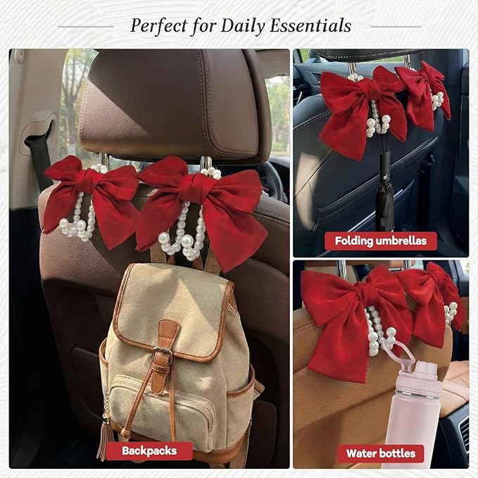 2PCS Satin Bow Pearl Car Seat Headrest Hooks – Car Bag Holder & Vehicle Hanger for Purses – Cute Coquette Aesthetic Interior Decoration – Cute Auto Organizer Accessories Universal (Red)