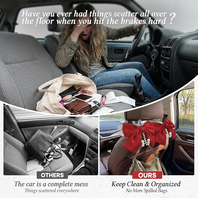 2PCS Satin Bow Pearl Car Seat Headrest Hooks – Car Bag Holder & Vehicle Hanger for Purses – Cute Coquette Aesthetic Interior Decoration – Cute Auto Organizer Accessories Universal (Red)