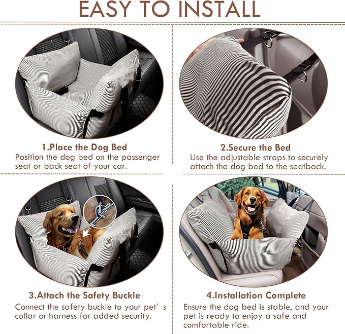 Dog Car Seats for Small/Medium Dogs Under 40 lbs - Elevated Pet Seat with Safety Belt, Non-Slip Base, and Storage Pockets for Car Travel,Brown