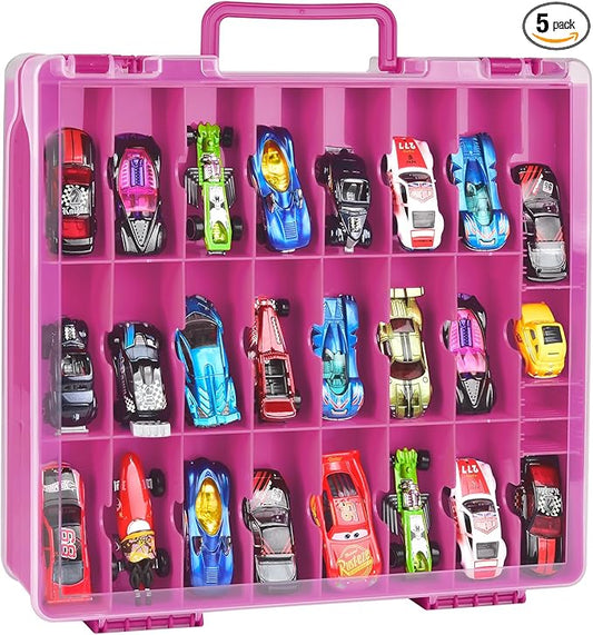 Double Sided Toy Storage Organizer Case for Hot Wheels Car, for Matchbox Cars, for Mini Toys, for Small Dolls. Carrying Box Container Carrier with 48 Compartments - Purple (Box Only)