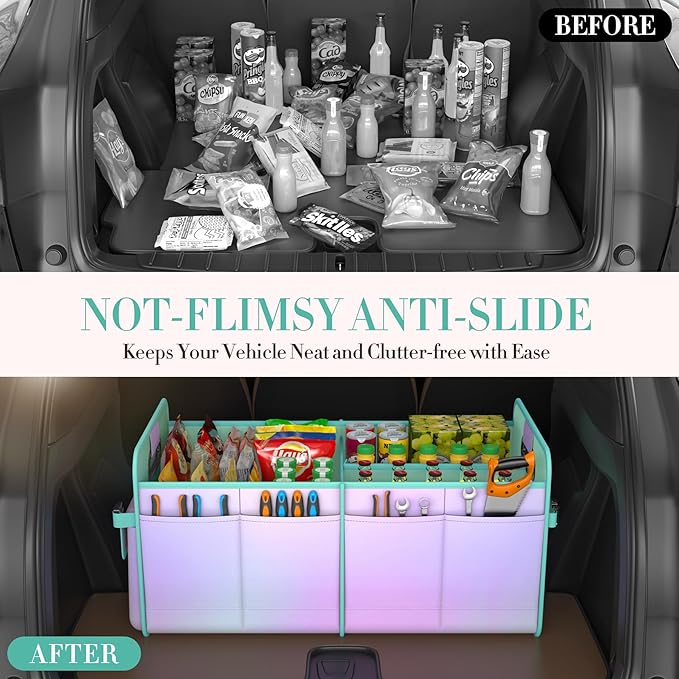 Trunk Organizer For Suv&Sedan,Car Organizers&Storage, Waterproof Collapsible & Adjustable Straps,70L Sturdy Car Organization for Car Accessories,Tools,Sundries,2-3Compartment(Colorful Green)