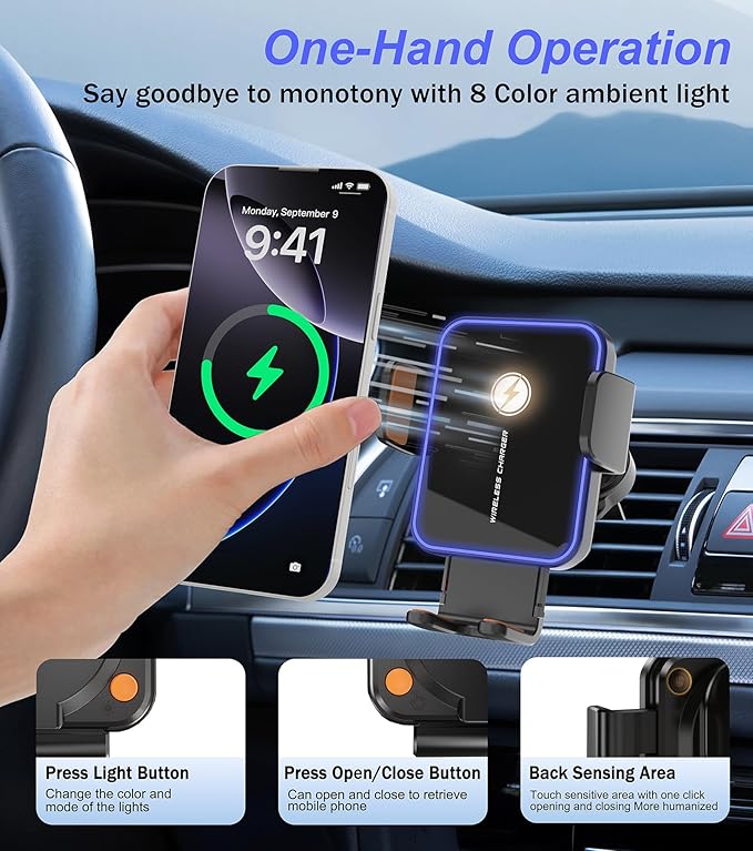 Wireless Car Charger, BLESSOURCE 7 Color RGB Backlit 15W Fast Charging Auto Clamping Car Mount Charger, Air Vent Phone Holders for Your Car Accessory for iPhone 17/16/15/14/13 Series,Samsung, Android