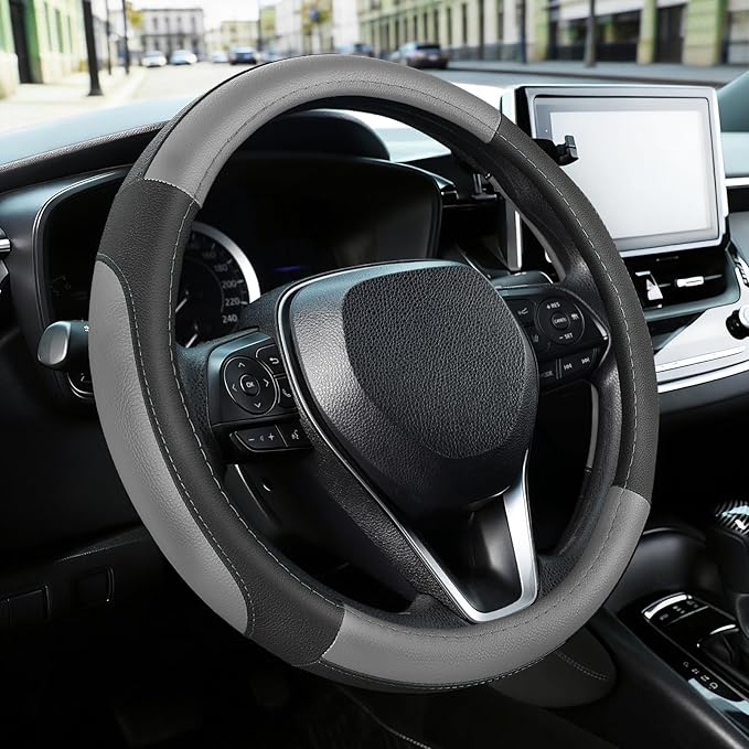 SEG Direct Car Steering Wheel Cover for F-150 Tundra Range Rover 15.5-16 inch, Black and Gray Microfiber Leather