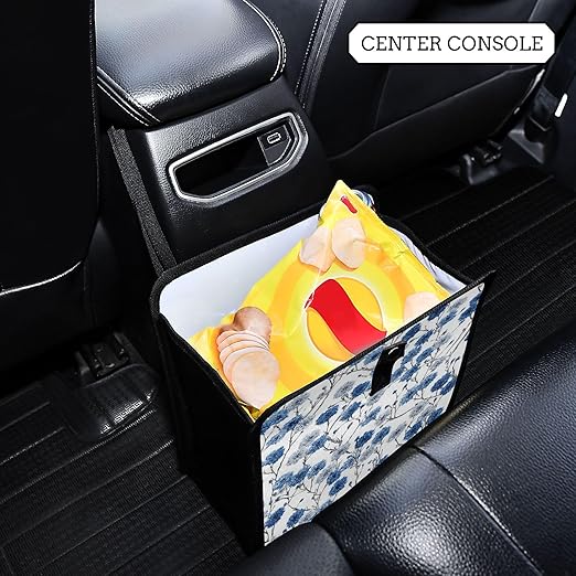 Car Trash Can Organizer Bin with Adjustable Strap for Back Front Seat Console Waterproof Leakproof Collapsible Portable 8.66 Inch Chinese Blue White Cornflower