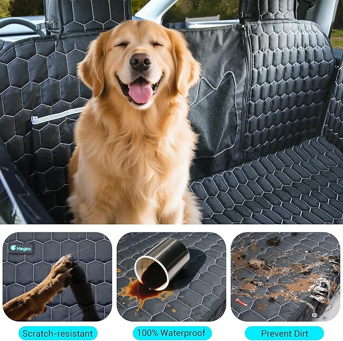 Meginc Dog Seat Covers for Back Seat, Dog Car Seat for Tesla Model 3, 100% Waterproof Pet Seat Cover Protects from Scratches, Scuffs, Hammock for Tesla with Mesh Window & Headrest Protection