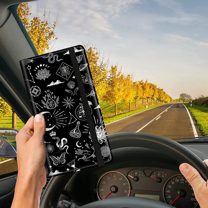 Car Registration and Insurance Card Holder, Premium PU Leather Vehicle Wallet Cover for Glove Box Car Organizer Drivers License / Cards / ID Essentials Document Holder, Astrology Celestial Theme