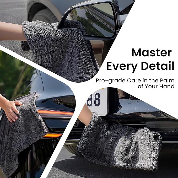 REEVAA Superior Microfiber Car Drying Towel [3S Drying, Pro-Grade Care] Car Cleaning Cloth Accessories for Sedan, SUV, Truck, 1300GSM, 2-Pack (36" × 24"+16" × 16"), Gray
