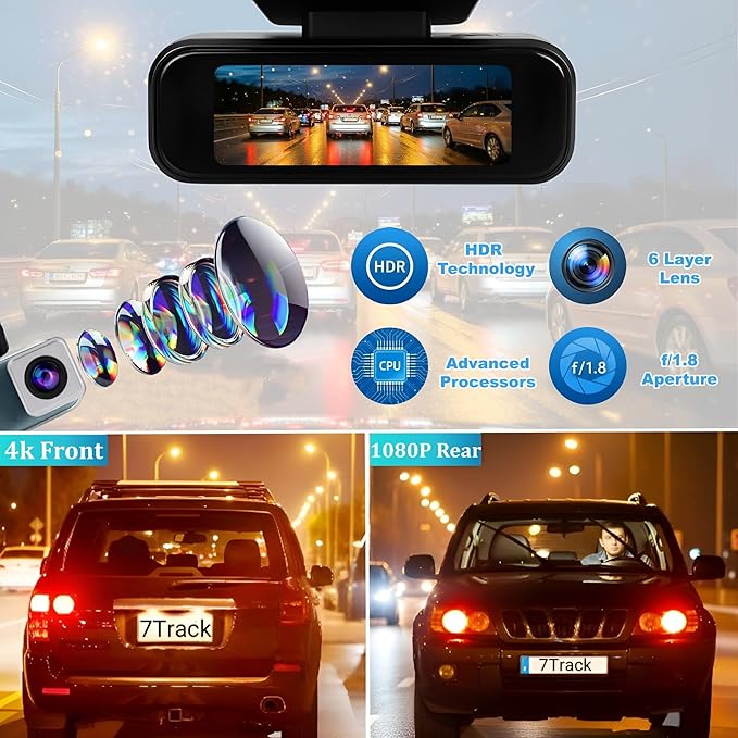 Dash Cam Front and Rear with WiFi, 4K+1080P Dash Camera for Cars, 7Track Dual Car Camera with App Control, 64GB Card, 3.19" IPS Screen, Night Vision, Parking Mode, Loop Recording for Personal Use