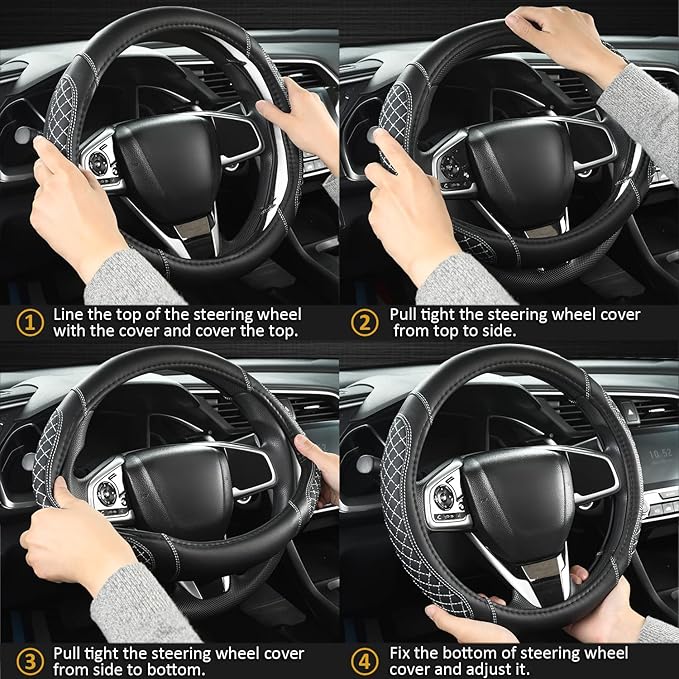 West Llama Customized Auto Car Steering Wheel Cover for Dodge RAM 1500 2500 3500, 15.5-16 inch (Diamond Quilted-Black+Gray-Large Size)