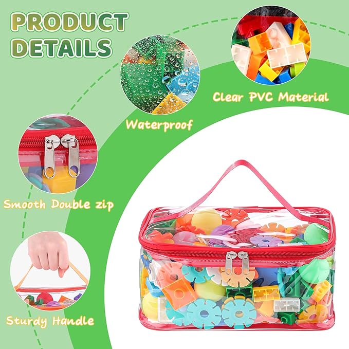 6 Packs Clear Toy Storage Bags, Colorful PVC Waterproof Toy Organizer with Zip Reusable Bags for Building Blocks, Board Game, Puzzles, Kids Books, Stationery
