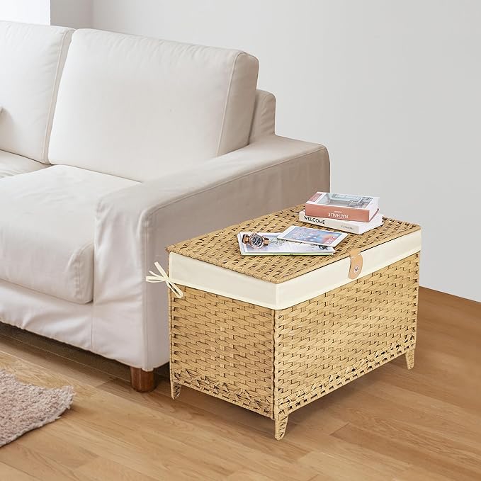 Honjourai Wicker Storage Basket with Lid,Rattan Shelf Basket with Removable Liner Bag,160L Storage Bin,Storage Trunk with Heightened Feet,Storage Container for Wardrobe,Home Organizer