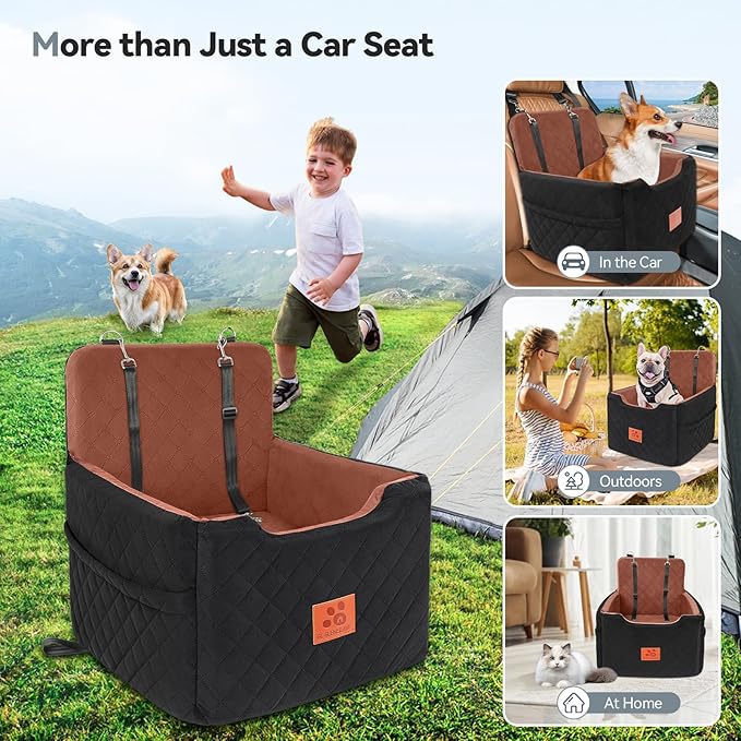 GL GLENSLAVE Dog Car Seat for Small/Medium Dogs Under 35lbs,Memory Foam Dog Booster Seats,Detachable and Washable Traval Pet Car Seat, Dogs Bed with 2 Safety Belts(Balck/Brown)