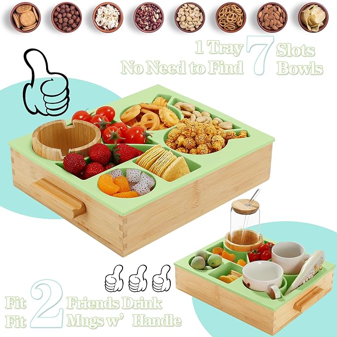 Nnewvante Divided Cup Holder Tray, 8 in 1 Serving Tray with Handle for Sofa Bed RV Car Organizer Caddy Movie Night Snack Trays, Bamboo and BPA Free Silicone, Green