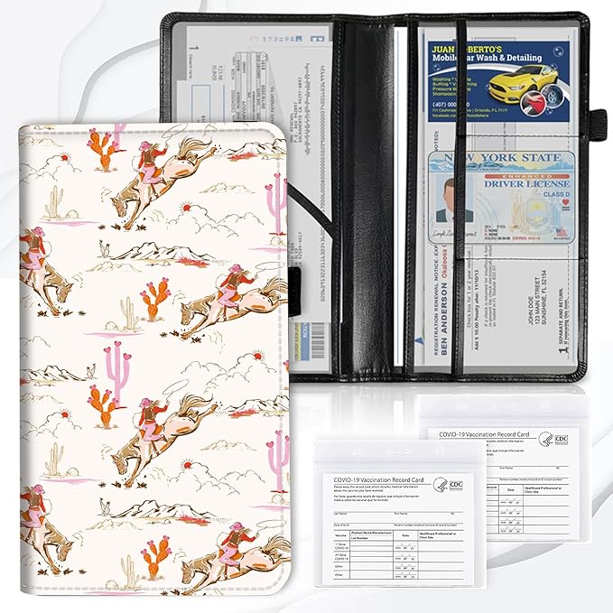 Car Registration and Insurance Card Holder, Vehicle License Documents Glove Box Compartment Organizer Wallet, ID Card Holder for Car Essentials Automobile, Cowgirl Wild West