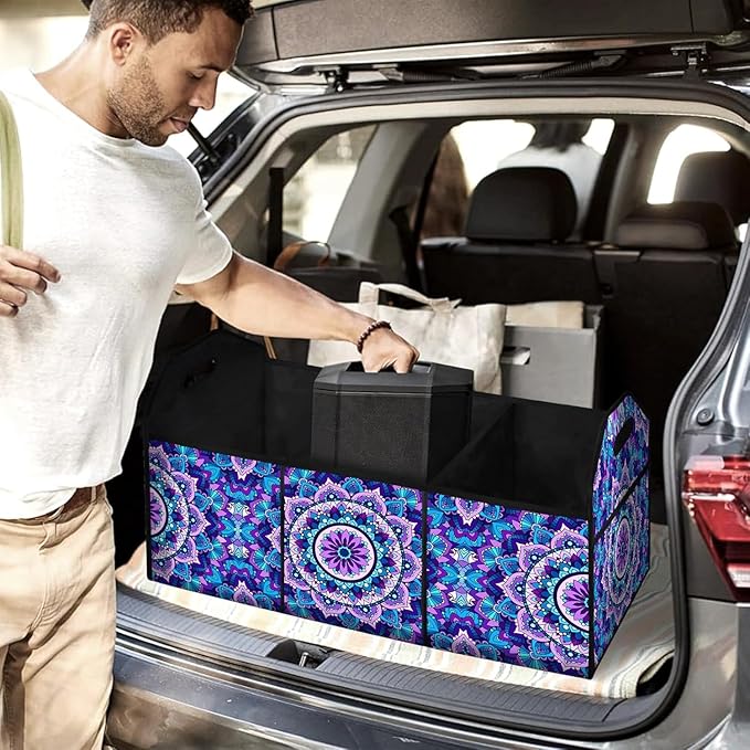 Purple Mandala Flower Car Trunk Storage Box with Pockets Car Accessory for SUVs Cars Automotive Organizer