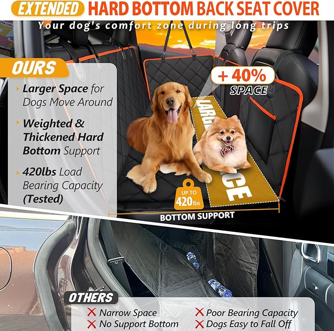 Back Seat Extender for Dogs-Large Space, Dog Car Seat Cover Hard Bottom Holds 420lb, Sturdy Backseat Extender for Dogs, Upgraded Waterproof Pet Car Bed Dog Hammock for Car, SUV, Truck, Orange