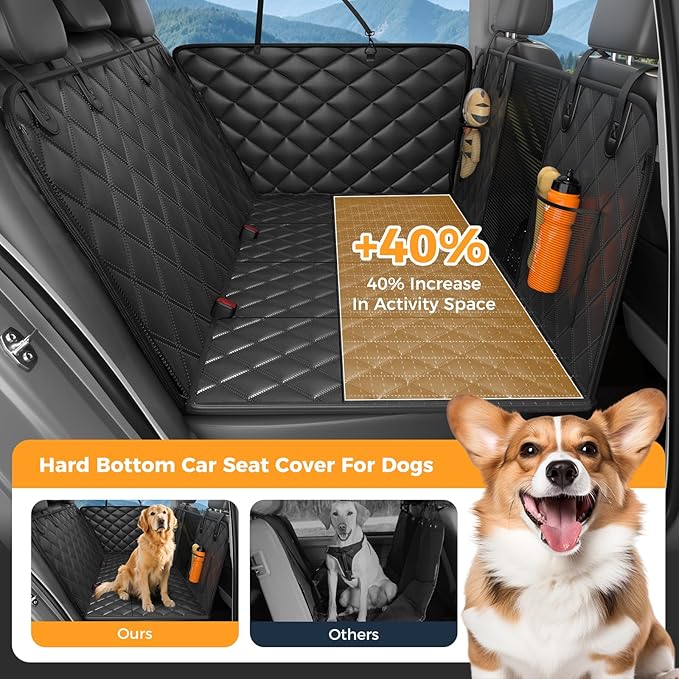 Dog Car Seat Cover for Back Seat, Hard Bottom Back Seat Extender for Dogs - Supports 400lbs,New Waterproof, Scratch Resistant, Anti Slip Portable Dog Hammock,Suitable for Cars, SUVs and Trucks（BLACK）