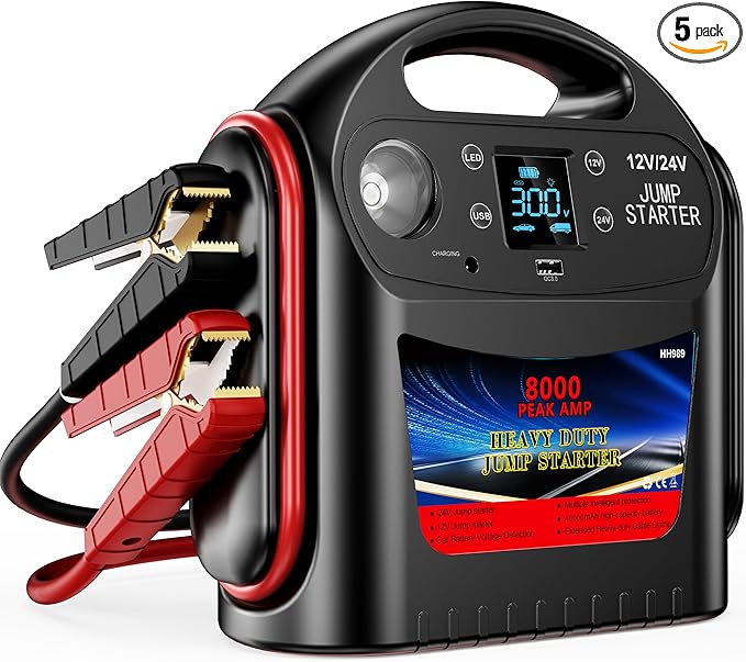8000A Car Battery Jump Starter for All Gas/Diesel,12V/24V Intelligent Car Jumper Starter Battery Pack, Heavy Duty Portable Jump Box Power Pack with LED Light