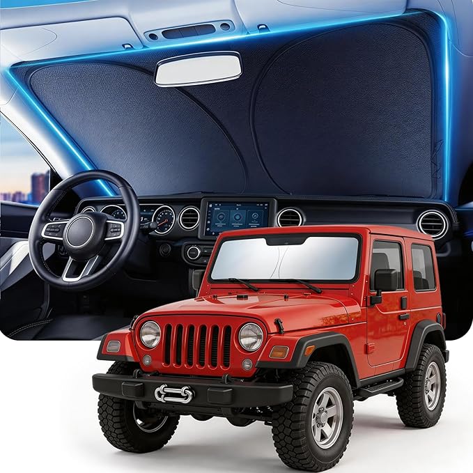 DMJN Front Windshield Sun Shade for Jeep Wrangler JL JK JT (2011-2026), [Nano Ice-Crystal Coatings] UPF50+ Heat & UV Block, Protect Car Interior & Keep Cool, Flodable Steel-Ring Car Cover for Summer