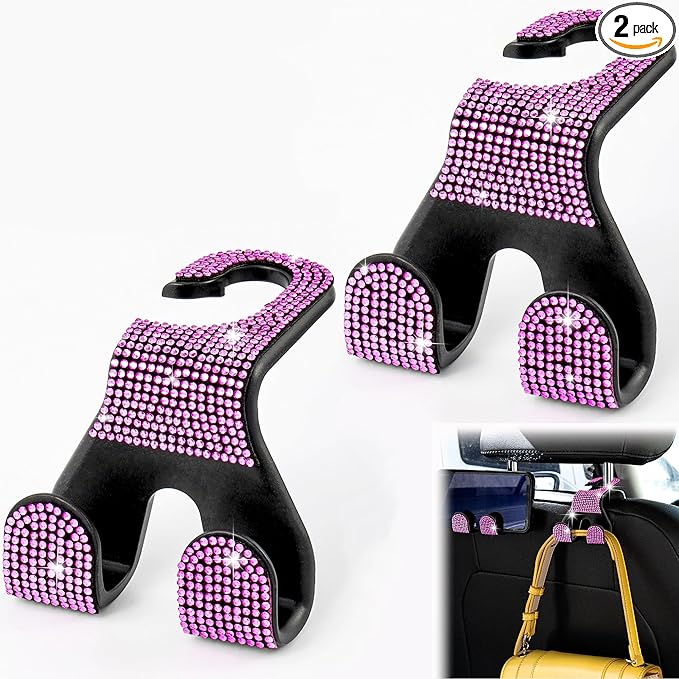 MTGOCHA Bling Car Purse Hooks 2Pcs, Durable Car Headrest Hook, Holds 44Lbs, Double-Hooks, Wide-Opening, Rhinestone Automobile Purse Hangers Holder, Bling Car Accessories for Women, Pink