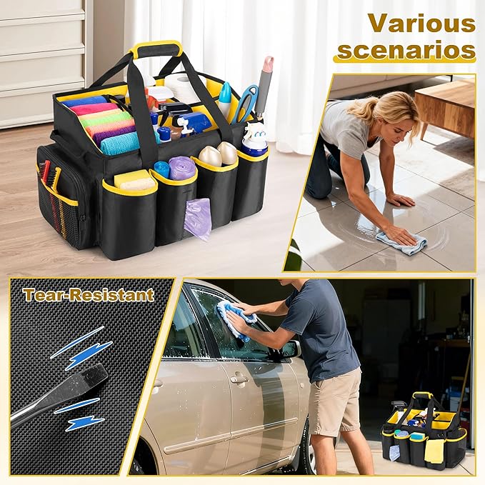 Extra-Large Cleaning Caddy Organizer with Handle, Cleaning Supplies Tote Bag Built-in Support Boards, Cleaning Tool Organizer for Cleaners, Housekeepers, Kitchen Cleaning Supplies