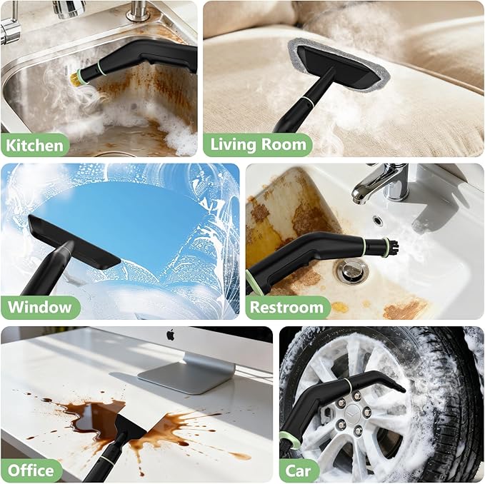 Steam Cleaner, Portable Steamer for Cleaning with 16pcs Accessories, 6-Level Adjustable, 15s Heat-Up, Handheld Steam Cleaner for Home for Tile, Grease, Dirt, Grout, Car Detailing, Green