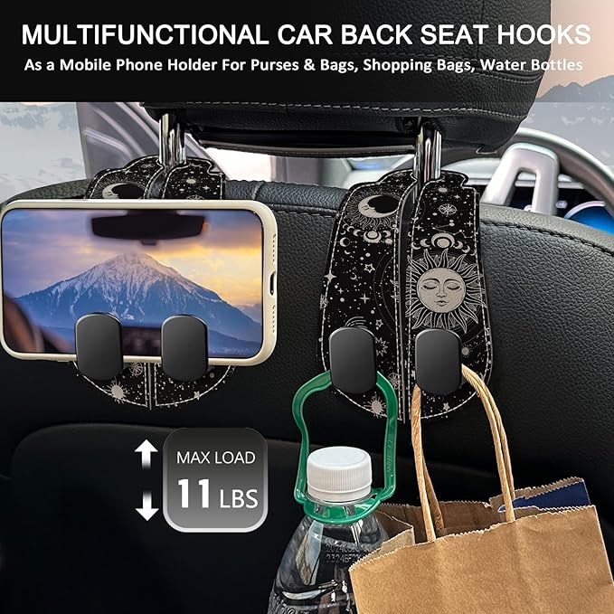 Blusabaca 2PCS Car Seat Back Storage Headrest Hooks, Sun and Moon Purse Holder Bags Hanger, PU Leather Double Metal Hook for Backseat Organizer, Women Car Accessories Organization