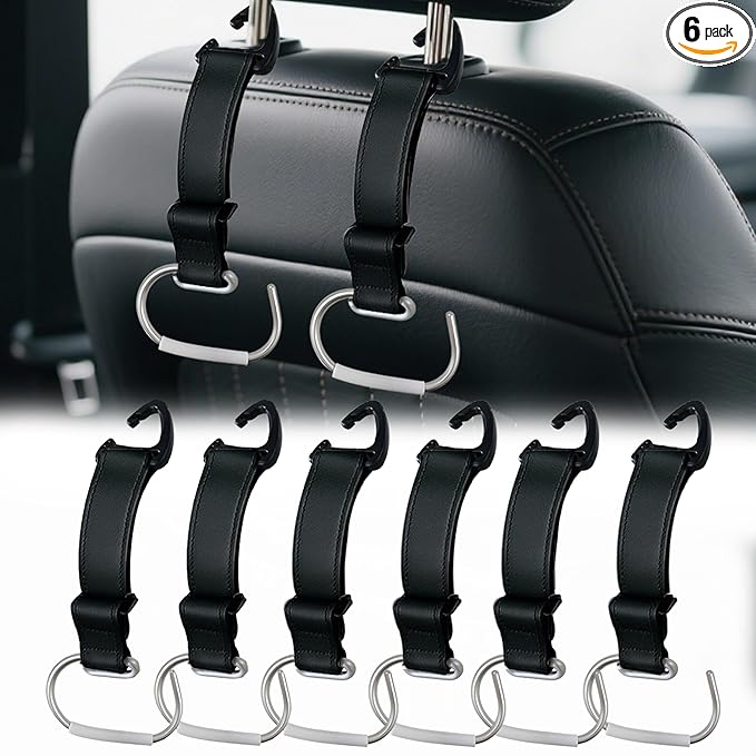 6Pcs Car Purse Hooks, Adjustable Leather Headrest Hooks for Car, Seat Back Organizer for Bags Purses (Black)