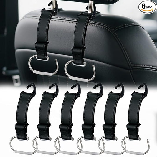 6Pcs Car Purse Hooks, Adjustable Leather Headrest Hooks for Car, Seat Back Organizer for Bags Purses (Black)