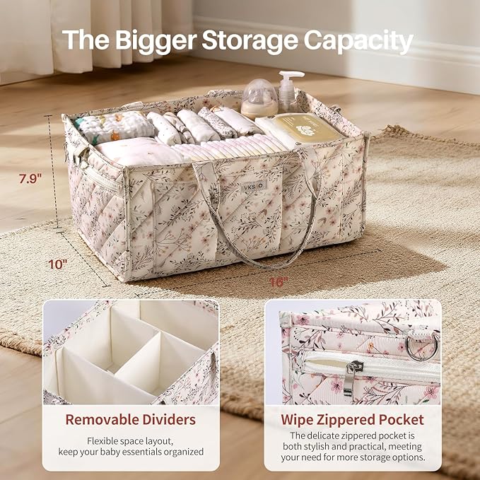 Extra Large Diaper Caddy Organizer – Big Baby Essentials Nursery Storage Basket with Zipper Pocket & Shoulder Strap, Splashproof Travel Tote for Twins, Gifts for Baby Shower, Beige Floral