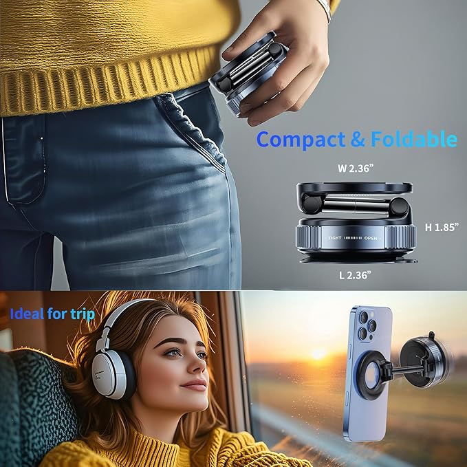 YAOKEEP Magnetic Car Phone Holder for Magsafe [96+LBS Suction & 2800gf Magnetic],360°Adjustable Vacuum Suction Cup Car Phone Mount,Car Mount for iPhone 17 Pro Max 16 15 14 13 12 and All Smartphones